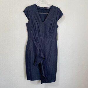 Tart Navy White Pinstripe Cap Sleeve Ruffle Sheath Dress Medium